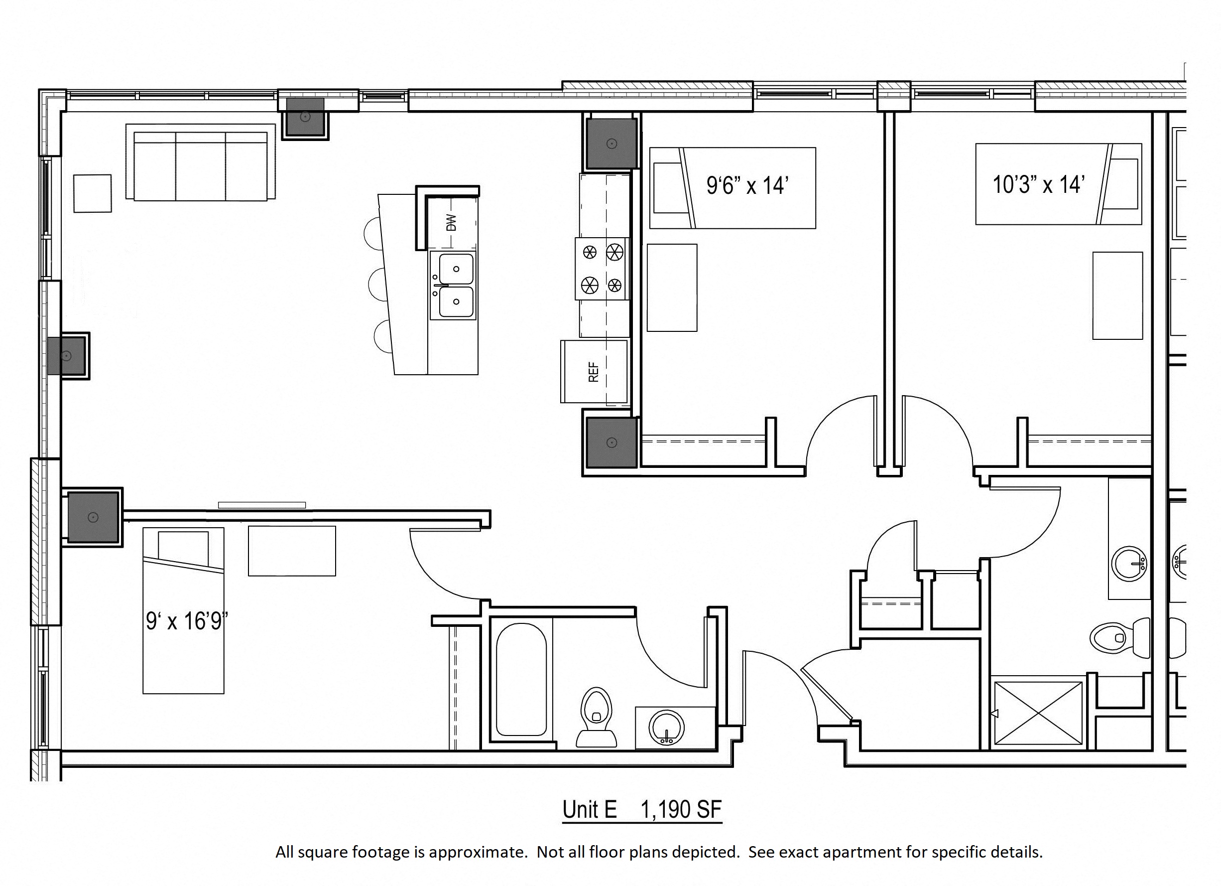 Floor plan for 3 beds, 2 baths, 1190 sqft